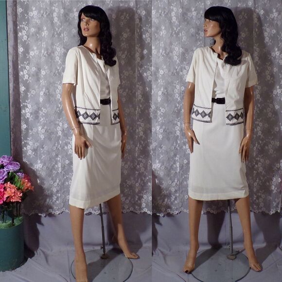 Vintage 60s Dress & Jacket Set 1960s White Summer Cocktail Outfit Size Small - Picture 1 of 11